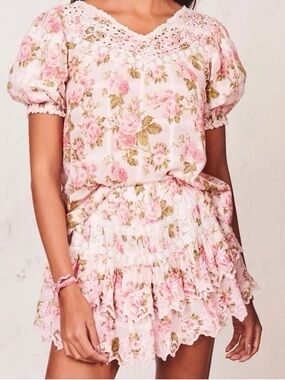 LoveShackFancy Floral Pink Tiered Lace Mini Skirt